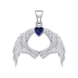 Guardian Angel Wings Pendant with Heart Sapphire Birthstone for September