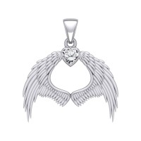 Guardian Angel Wings Pendant with Heart White Cubic Zirconia Birthstone for April