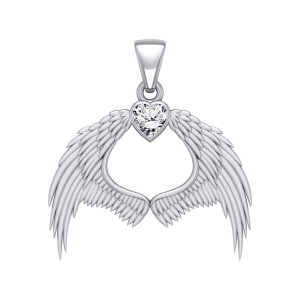 Guardian Angel Wings Pendant with Heart White Cubic Zirconia Birthstone for April