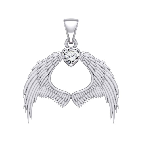 Guardian Angel Wings Pendant with Heart White Cubic Zirconia Birthstone for April