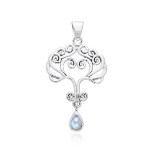 Heart Tree of Life Silver Rainbow Moonstone Pendant