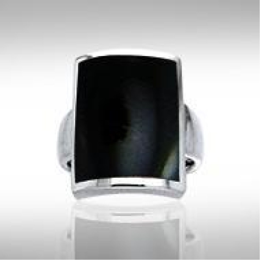 Large Rectangle Inlaid Black Onyx Stone Ring, Sterling Silver