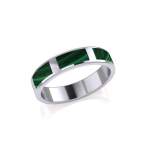 Modern Rectangle Band Inlaid Malachite Ring