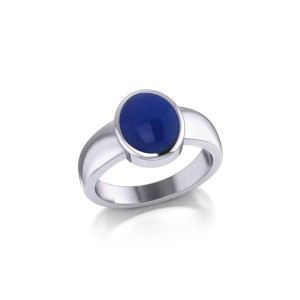 Modern Round Shape Inlaid Lapis Silver Ring