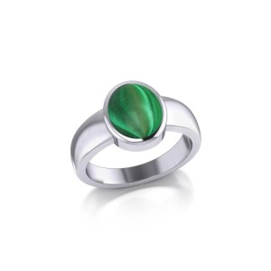 Modern Round Shape Inlaid Malachite Silver Ring