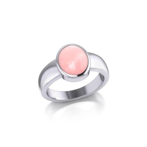 Modern Round Shape Inlaid Pink Shell Silver Ring