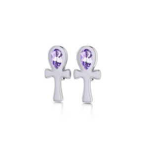 Ankh Post Earrings with Amethyst Gemstones