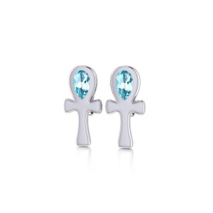 Ankh Post Earrings with Blue Topaz Gemstones