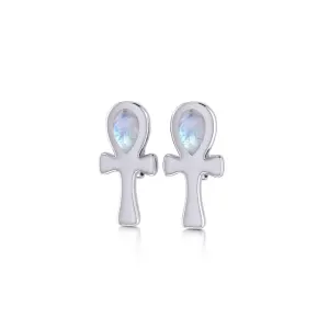 Ankh Post Earrings with Rainbow Moonstone Gemstones