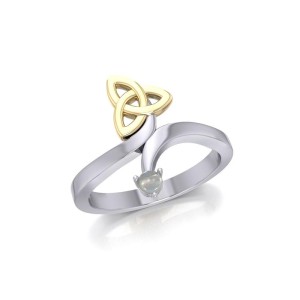 Celtic Trinity Knot with Mother of Pearl Gem Silver and Gold Ring 